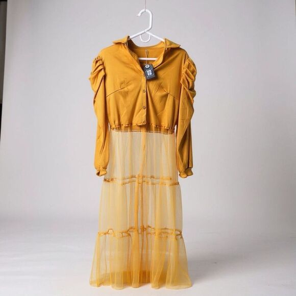 Ekaliy Sexy Long Sleeve High Low Dress Women 2XL Yellow Asymmetrical Ruffle - Picture 5 of 10